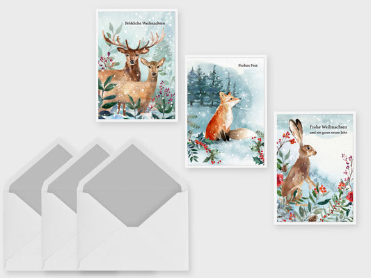 Klappkarten / Weihnachtskarten "Tiere im Wald" 3er Set